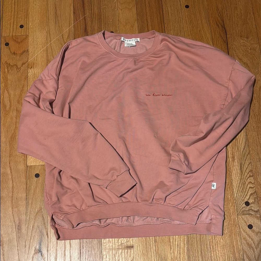 Magnolia Vie Bien Aimee Embroidered Sweatshirt Sz S Dark Mauve Pink Terr…